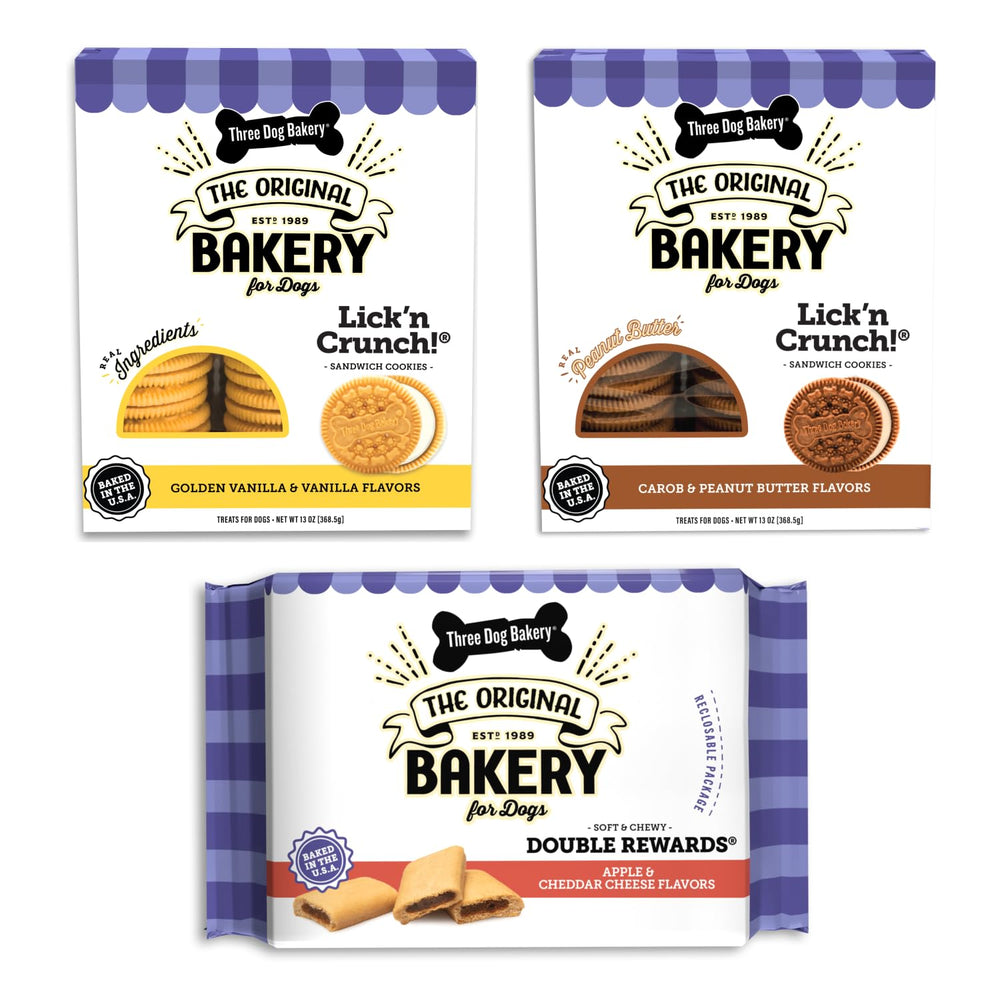 Galletas clásicas para perros Three Dog Bakery en envase de variedad, ideales para snack diario.