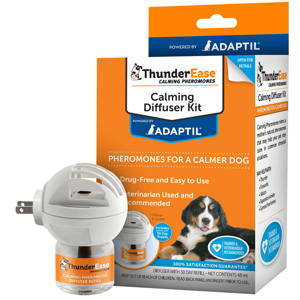 ThunderEase difusor calmante en sala para perros, crea ambiente tranquilo.
