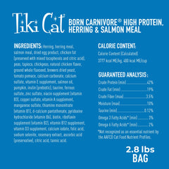 Tiki Cat Born Carnivore bolsa de 2,8 lb facilita la alimentación diaria.