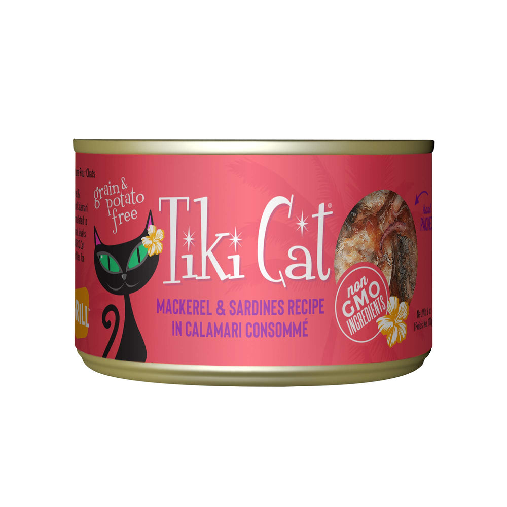 Tiki Cat Grill con caballa y sardinas en lata, proteína real y sabor marino.