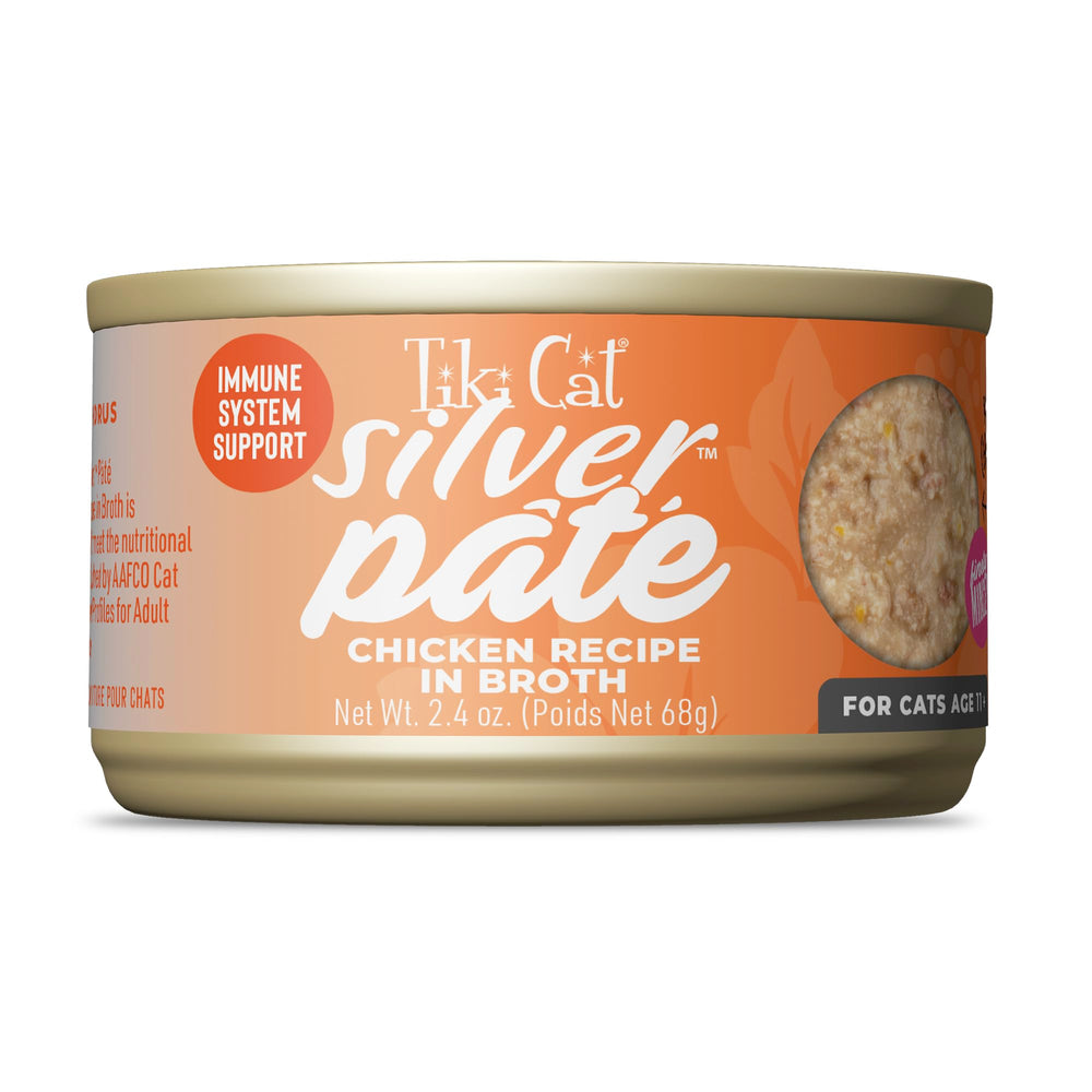 Paté de Tiki Cat Silver para gatos con pollo en caldo en lata.