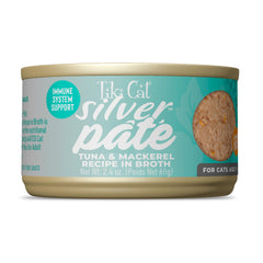 Tiki Cat Silver Pate lata de atún, textura suave para comer fácilmente.