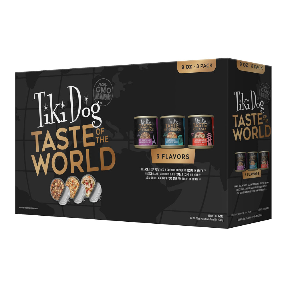 Tiki Dog Taste of The World en lata con sabores mundiales para perros curiosos.