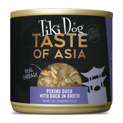 Tiki Dog Asia Pato Pekín en caldo, lata 9 oz, ideal para perros adultos.