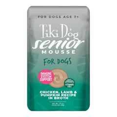 Frente del empaque de Tiki Pets Senior Mousse para perros mayores.