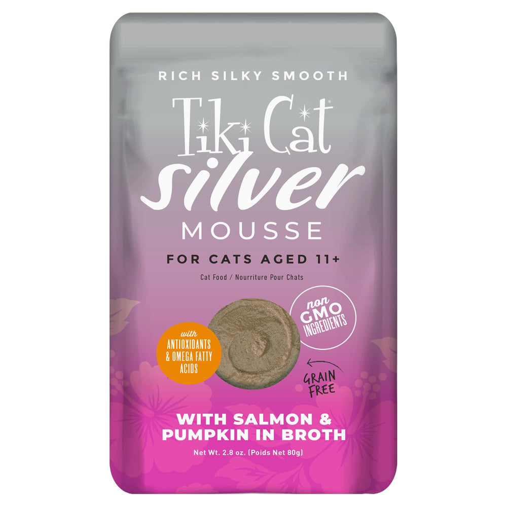 TIKI PETS Silver Mousse con salmón y calabaza para gatos mayores.