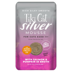 TIKI PETS Silver Mousse con salmón y calabaza para gatos mayores.