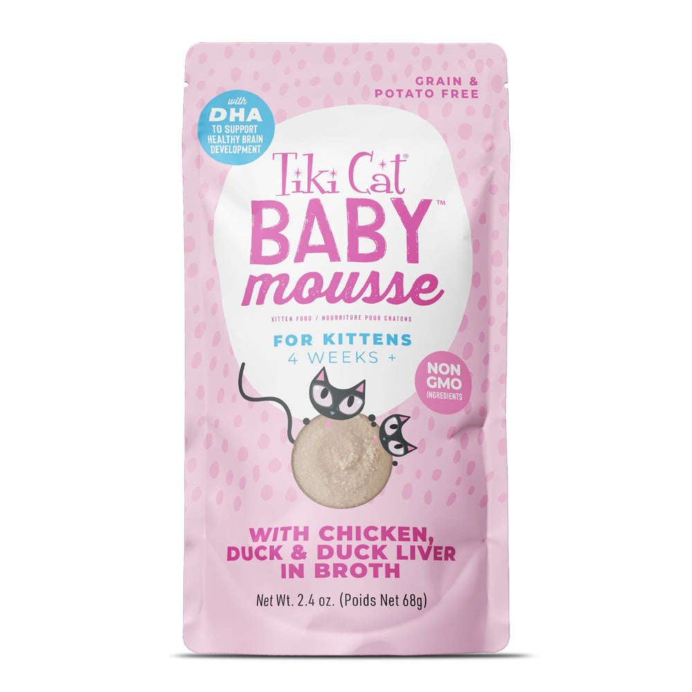 Presentación del envase de Tiki Cat Baby Mousse para gatitos, ideal para la transición a sólidos.