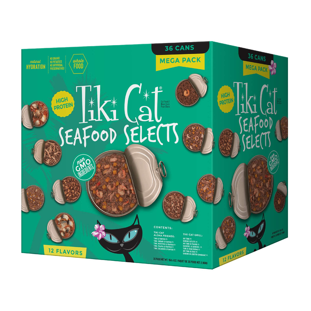Tiki Cat Selecciones de Mariscos: variedad de pescados para gatos activos y felices