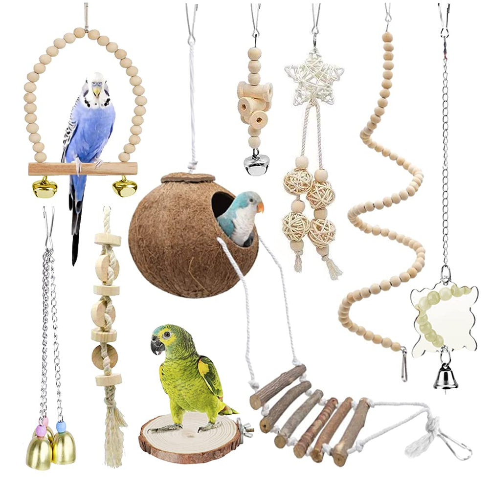 Tolmiow juguetes de madera para loros, set de 9 piezas, estimula exploración y mordisqueo seguro.