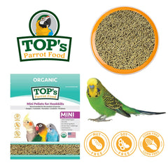 TOP's Parrot Food Mini Pellets: primer plano de gránulos pequeños, fáciles de usar.