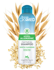 TropiClean OxyMed Champú para perros, botella de cuidado suave para piel sensible.