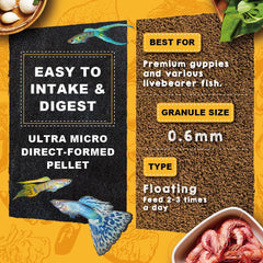 Ultra Fresh Apex Guppy peces comiendo, favorece coloración natural y salud general.