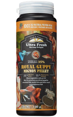 Ultra Fresh Royal Guppy Mignon Pellet: empaque frontal, alimento natural para peces guppy