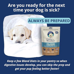 Under the Weather Bland Diet para perros, ingredientes 100% grado humano sin subproductos.