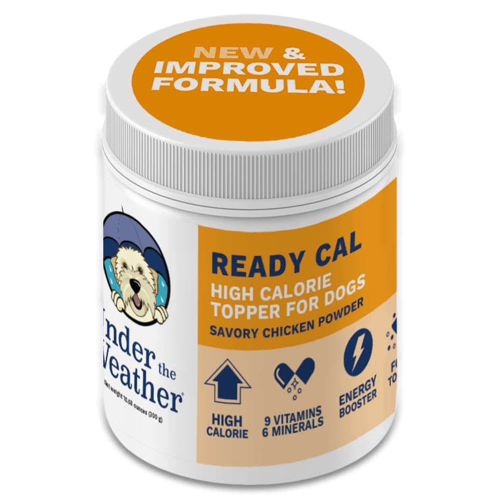 Under the Weather Ready Cal Powder para perros en envase práctico para uso diario.