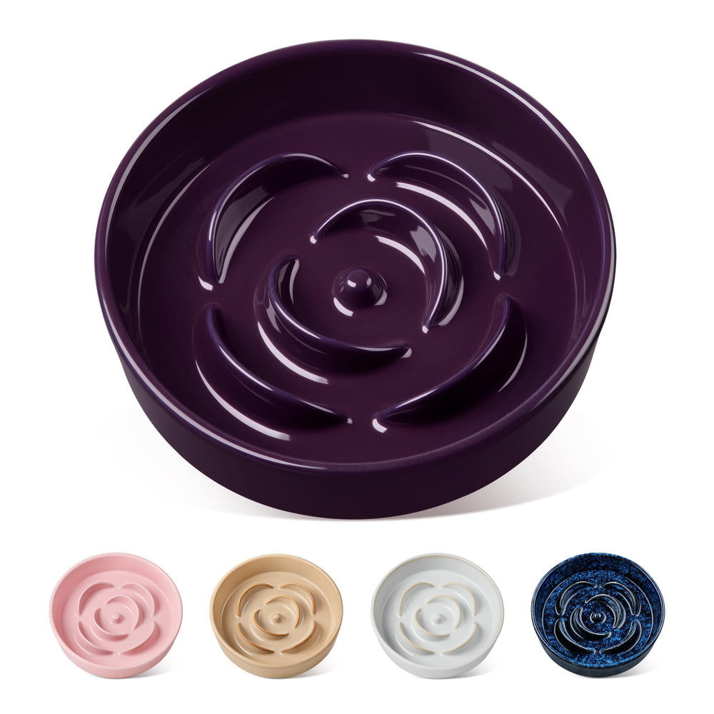 Tazón lento vancasso para perros en cerámica morado oscuro, ideal para comidas más pausadas.