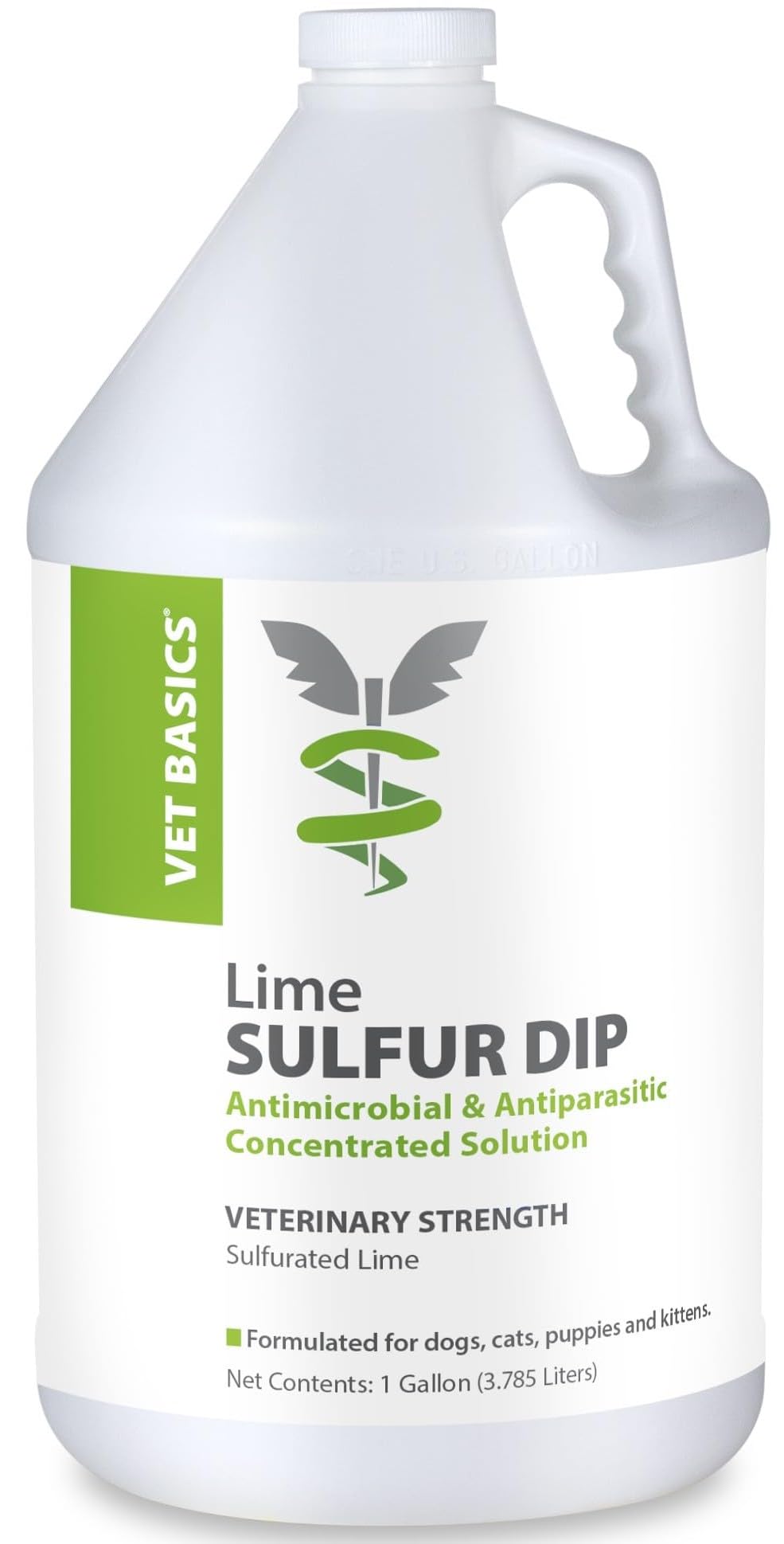 Vet Basics Lime Sulfur Dip, botella para aplicación profesional y cuidado de la piel.