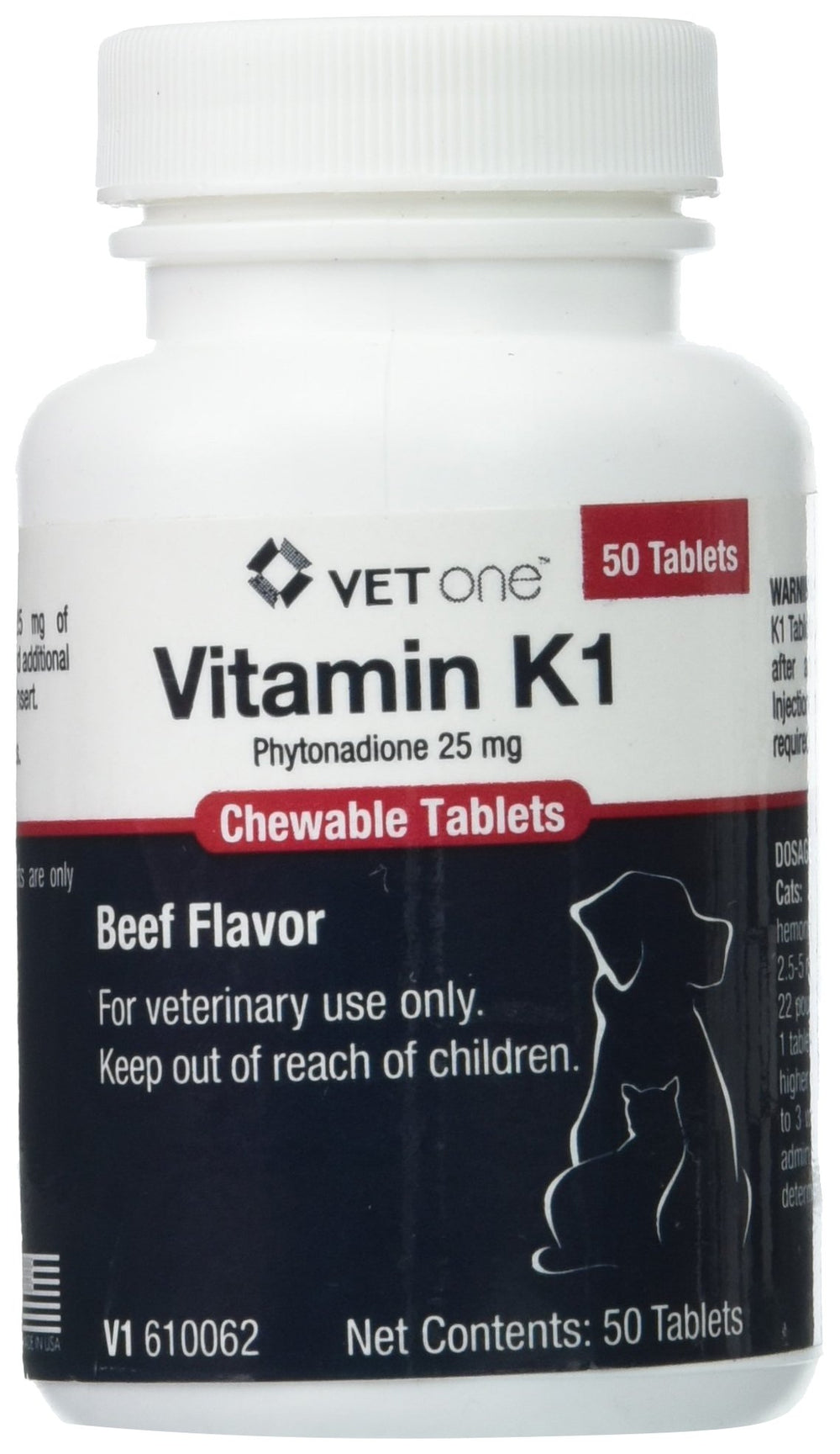Vet One Vitamina K1 tableta masticable sabor carne para perros y gatos.