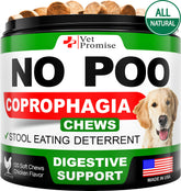 Vet Promise No Poo Chews, empaque visible, soporte digestivo suave para perros.