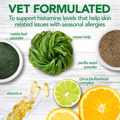 Vet's Best Alergias Estacionales, ingredientes naturales destacados en la etiqueta.