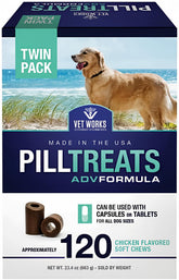 Vet Works pastillas gomosas sabor pollo en envase, facilita medicación diaria