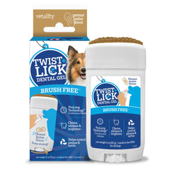 Vetality Twist y Lick gel dental en envase, ideal para limpieza diaria de dientes caninos.