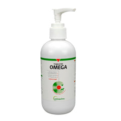 Vetoquinol Triglyceride Omega-3 botella de aceite de pescado para perros y gatos, piel y pelaje saludables.