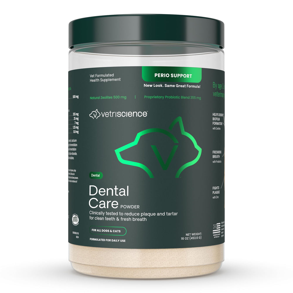 VETRISCIENCE polvado dental en bote para perros y gatos, mejora la higiene diaria.