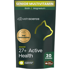 VetriScience Senior 27+ frasco con masticables sabrosos para apoyar la salud general.