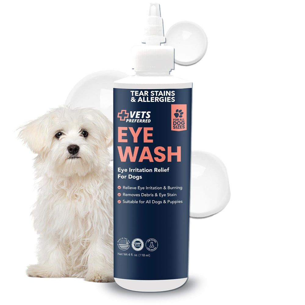 Vets Preferred Eye Cleaner bottle pour enables gentle, daily dog eye care.