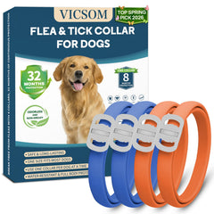 Collar antiparásitos VICSOM para perros azul-naranja con ajuste cómodo.