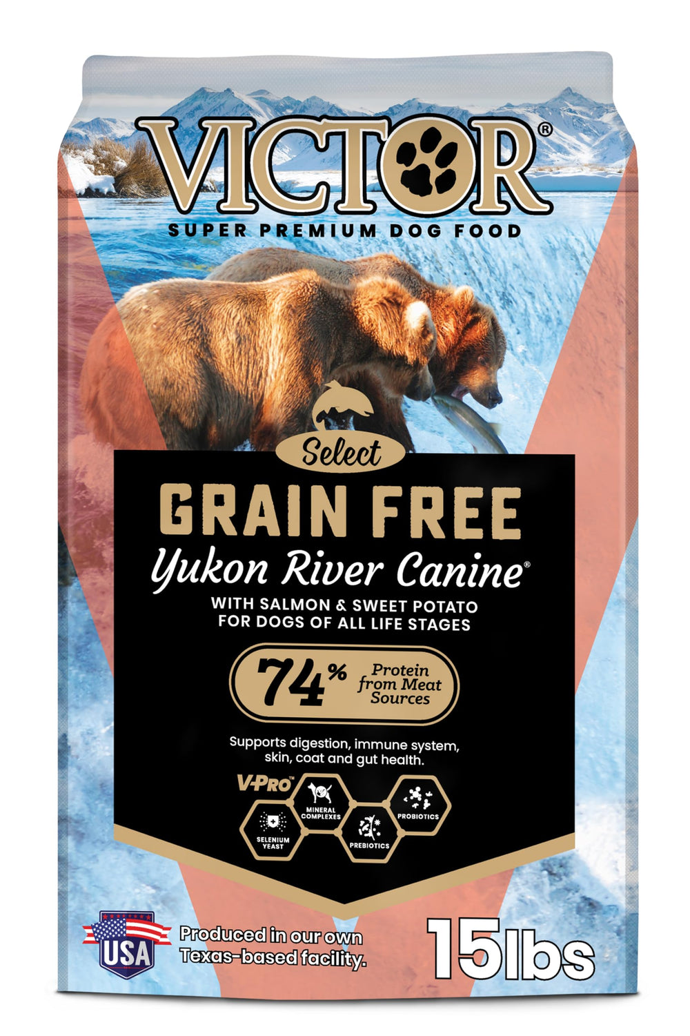 VICTOR Yukon River sin granos bolsa; croquetas de proteína para perros activos.