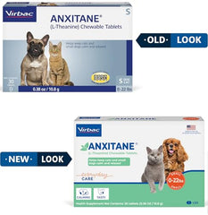 Virbac ANXITANE frasco de tabletas para relajación de mascotas durante viajes.