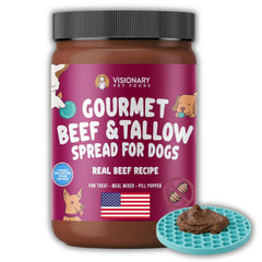 Visionary Pet Foods Meat Spread en lata 12oz, relleno para superficies de lamido y sesión de juego.