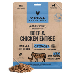 Vital Essentials mini nibs res y pollo crujientes para gatos, proteína de alta calidad.