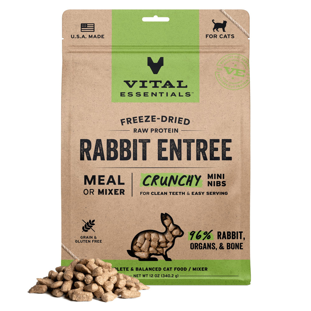 Vital Essentials bocaditos crujientes de conejo en empaque de 12 oz, proteína de calidad.