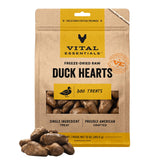 Vital Essentials corazones de pato secos, snack proteico para perros.