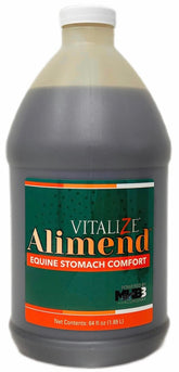 Vitalize Alimend: botella volcada, apoyo estomacal para caballos en entrenamiento