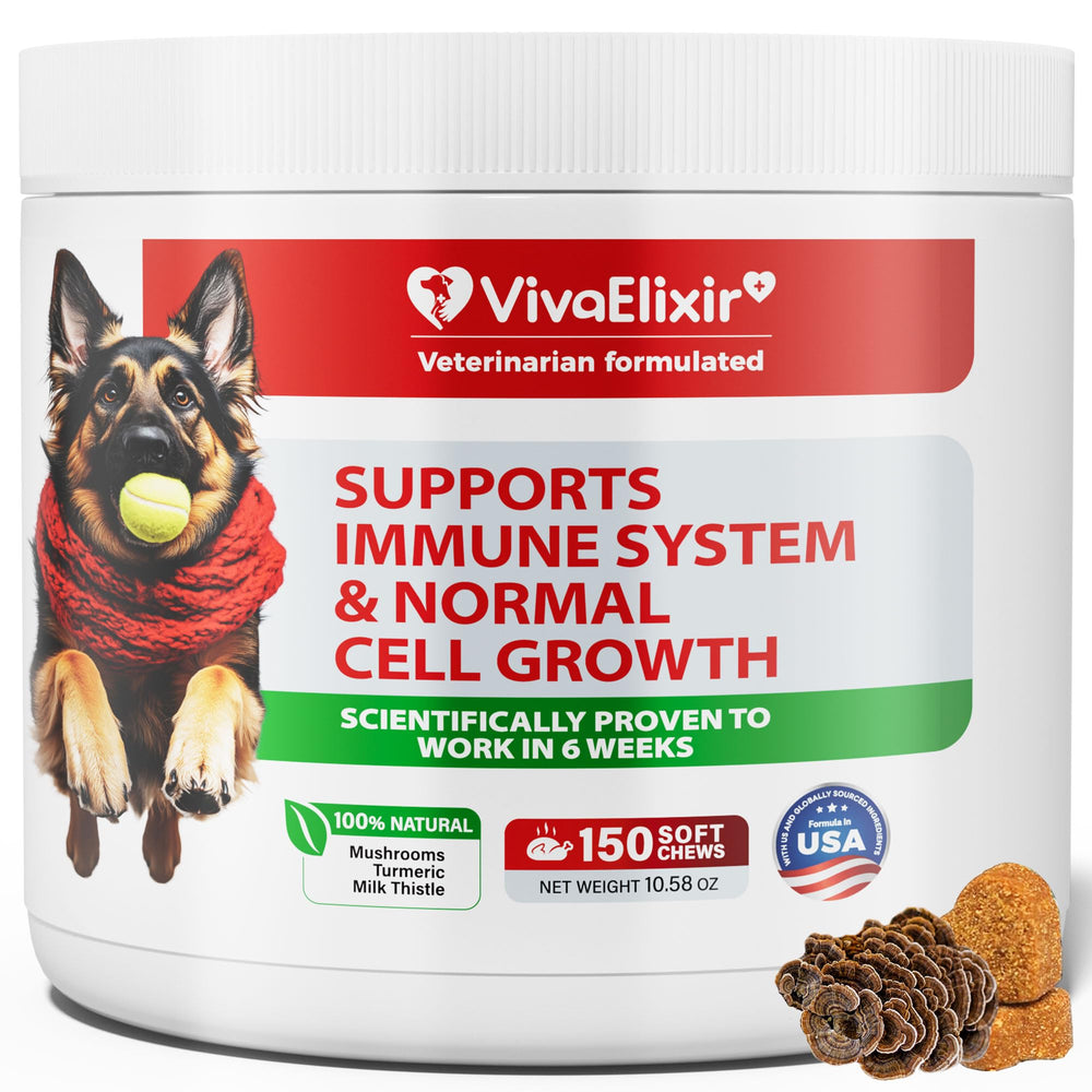 VivaElixir frasco de suplemento para perros visto de frente, apoyo inmune diario