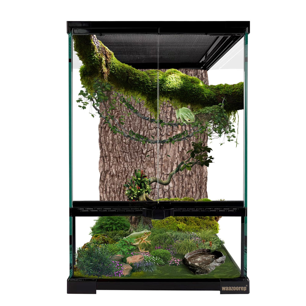 waazoorep tanque reptiles vertical 12x12x18, frente abierto, facilita observación y manejo diario.