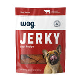 Wag Soft & Tender beef jerky treats in resealable bag; easy to chew and break