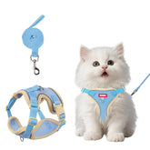 Arnés Wanheart azul ajustable para gatos, ideal para paseos cómodos.