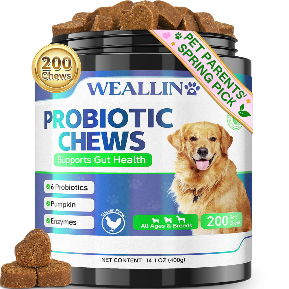 WEALLIN probióticos para perros en frasco 200 gomitas masticables para apoyo digestivo diario.