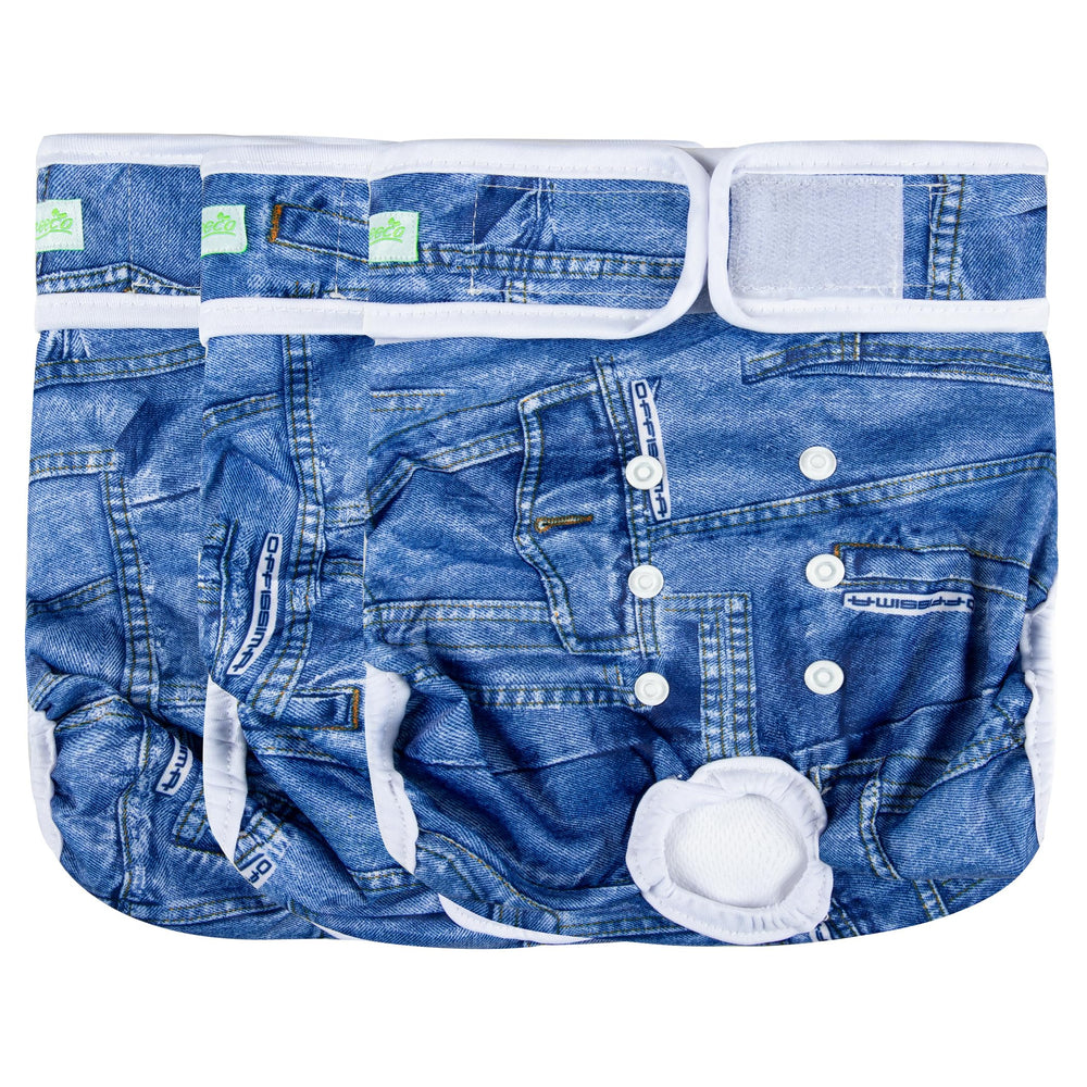 Pañales lavables Wegreeco para perro femenino en color azul vaquero, ajuste cómodo para uso diario.