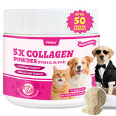 Wellix polvo colágeno natural para perros y gatos en bote, favorece pelaje suave.