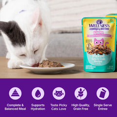 Wellness Appetizing Entrées gatito proteína alta con atún y cangrejo, apoyo nutricional diario.
