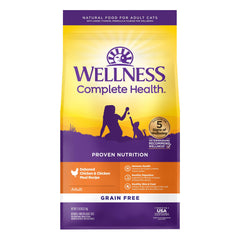 Wellness Complete Health, frente de la bolsa, fórmula natural sin granos para gatos activos.