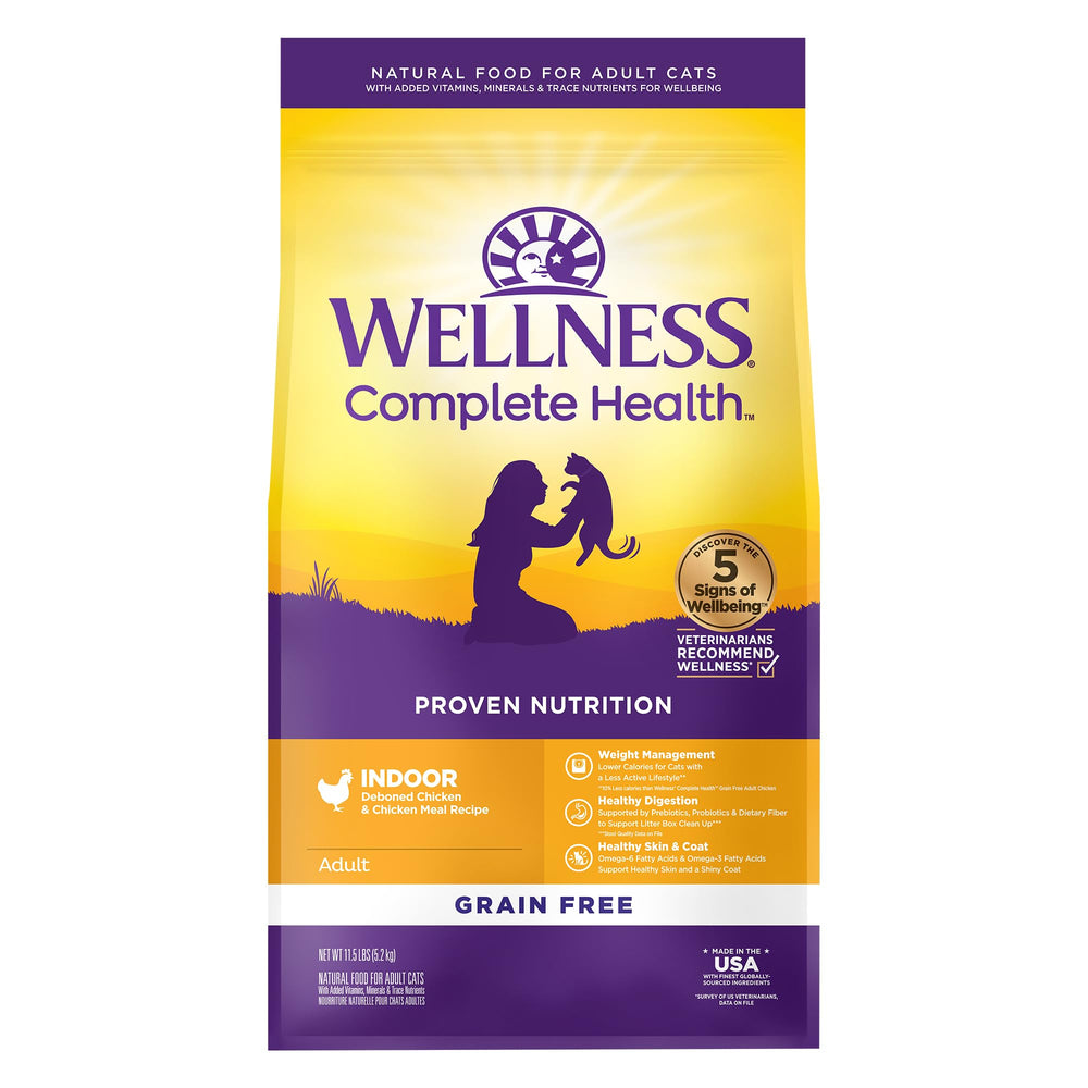 Wellness Complete Health para gatos indoor, comida seca de pollo.