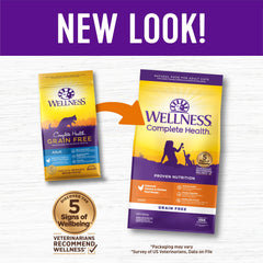 Textura crujiente de Wellness Complete Health, dientes sanos y pelaje saludable.